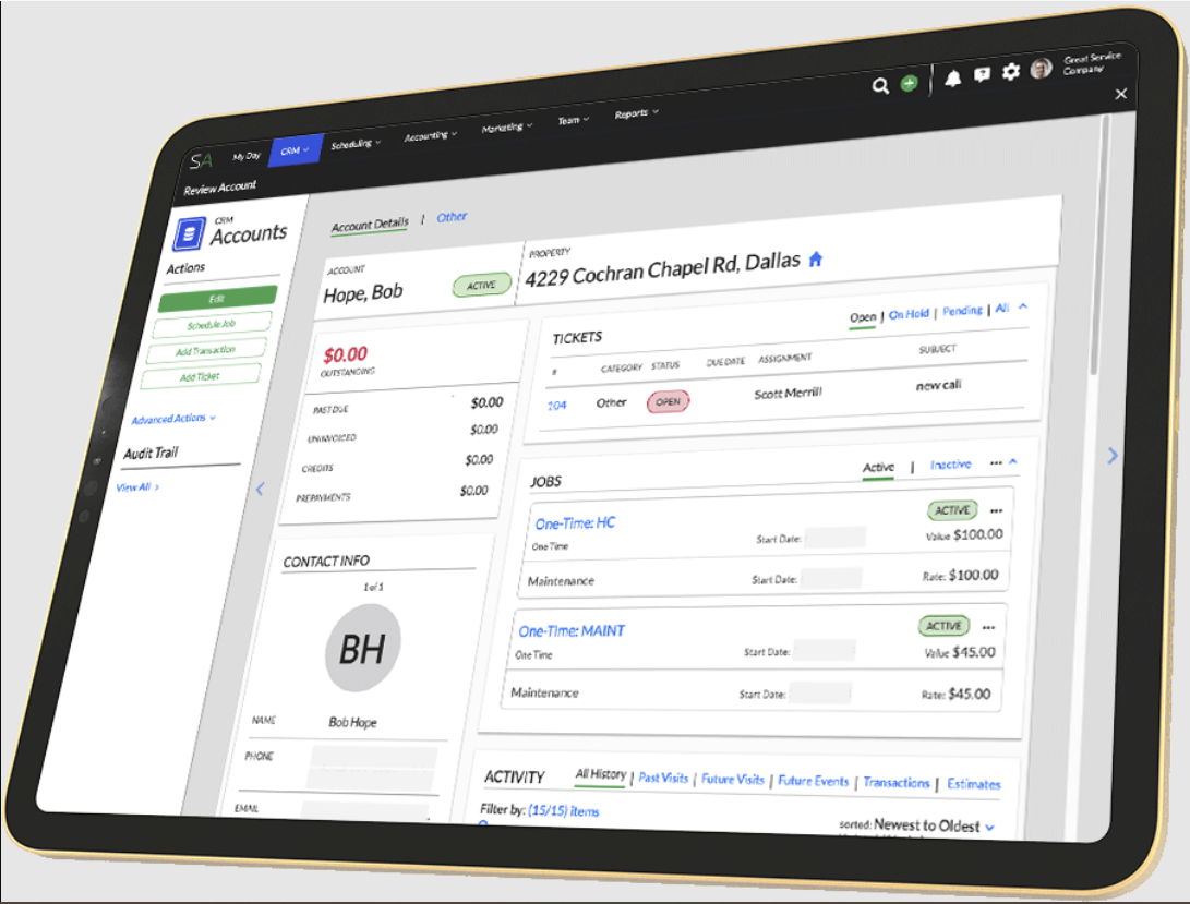 Tablet computer showing a dashboard on the Service Autopilot lawn care software
